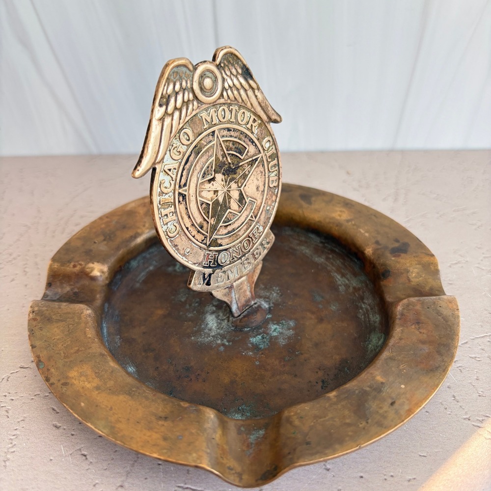 Vintage Brass Chicago Motor Club Honor Member Winged Badge Ashtray Automobilia - Picture 7 of 10